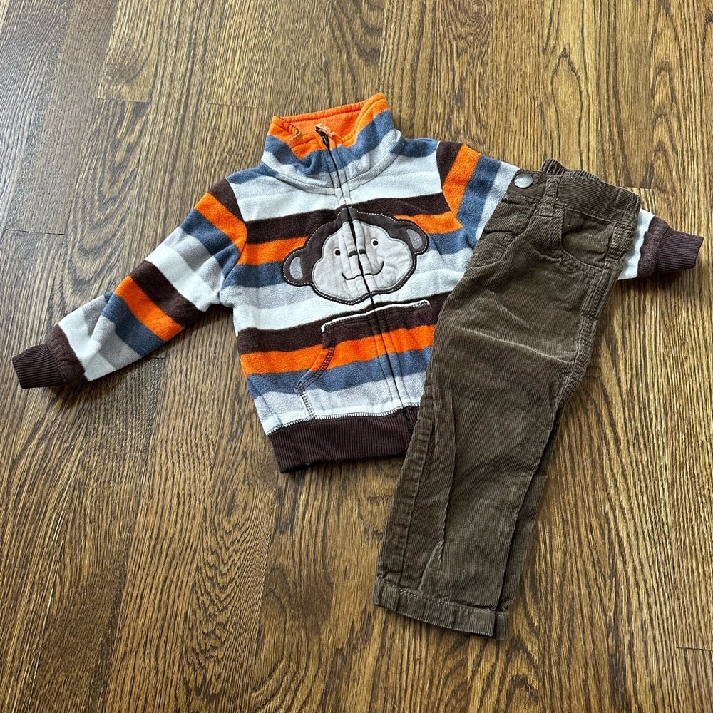 Carter's fleece zip up monkey sweatshirt and corduroy pants, size 18M